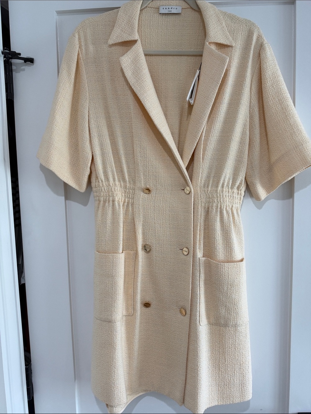 Sandro Cream Tweed Short-Sleeve Double-Breasted Mini Dress